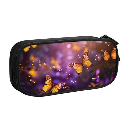 LONGZEHAO Federmäppchen mit großem Fassungsvermögen, violett-goldfarbene Schmetterlinge, 3 Drucke, doppellagiger Reißverschluss, Federmäppchen, Make-up-Tasche von Longzehao