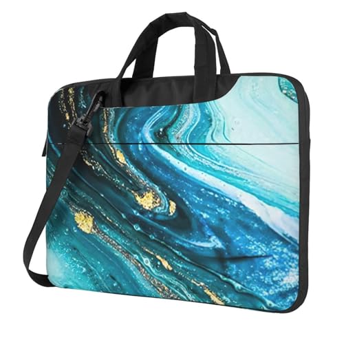 Laptoptasche mit Marmordruck, tragbar, mit einer Schultertasche, kompatibel mit 13-15,6 Zoll (33 - 39,6 cm), Türkis / Blau / Gold, Schwarz, 15.6 inch von Longzehao