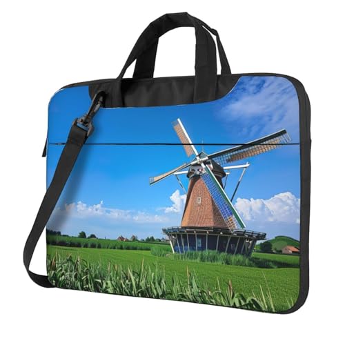 Laptoptasche mit Windmühlen-Motiv, tragbar, mit einer Schultertasche, kompatibel mit 13-15,6 Zoll (33 - 39,6 cm), Schwarz, 15.6 inch von Longzehao