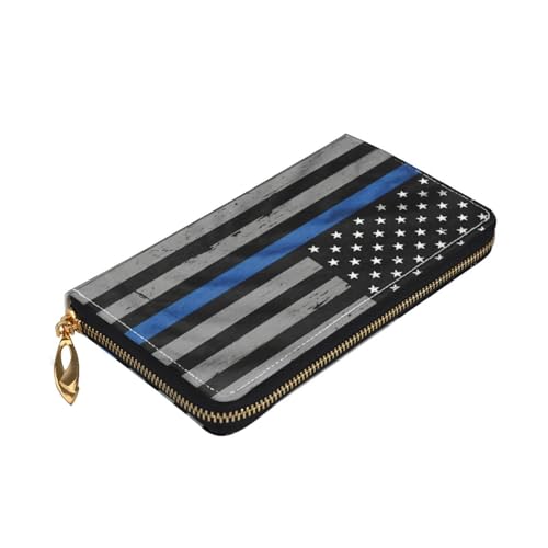 Longzehao American Thin Blue Line Flag Print Premium Leather Zip Around Wallet for Men and Women Checkbook Cover RFID Blocking von Longzehao