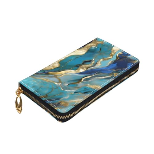 Longzehao Azurite Geldbörse mit goldfarbenem Ölmarmor-Muster, Premium-Leder, mit Reißverschluss, für Damen und Herren, Scheckbuchhülle, RFID-Blockierung von Longzehao