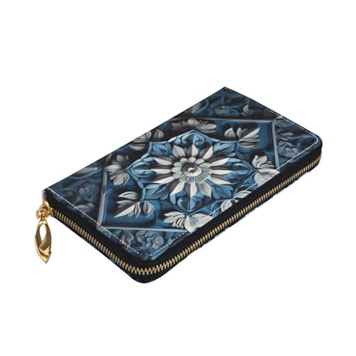 Longzehao Blue Folk Art Pattern2 Print Premium Leather Zip Around Wallet for Men and Women Checkbook Cover RFID Blocking von Longzehao