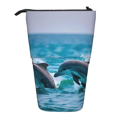 Longzehao Delfine im Meer Druck Teleskop Bleistift Tasche Stifthalter Pop Up Aufbewahrungstasche, Stehende Tragbare Stift Fall, Schwarz, One Size, blacks, One size von Longzehao