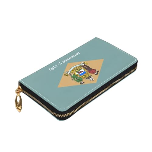 Longzehao Flagge von Delaware Print Premium Leder Reißverschluss Rundum Geldbörse für Damen und Herren Scheckbuchhülle RFID Blocking von Longzehao