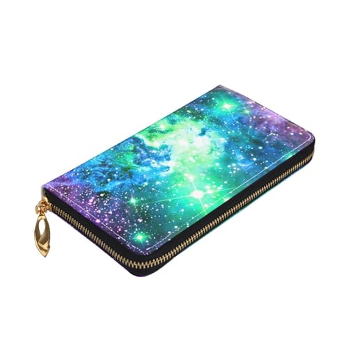 Longzehao Geldbörse mit Galaxie-Aufdruck, Premium-Leder, mit Reißverschluss, für Damen und Herren, Scheckbuchhülle, RFID-blockierend, Grün / Blau / Violett von Longzehao