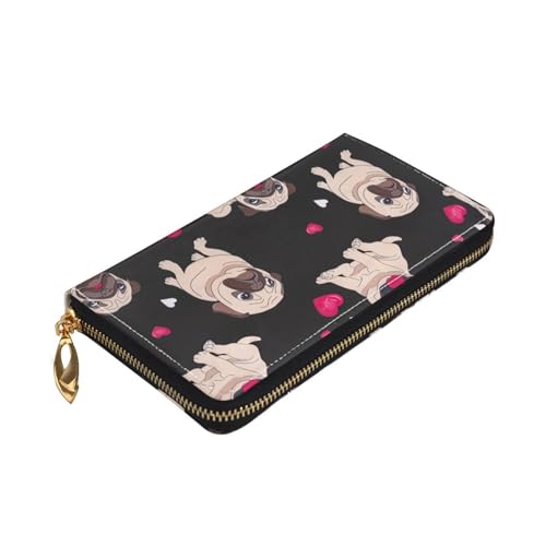 Longzehao Geldbörse mit niedlichem Mops-Aufdruck, Premium-Leder, mit Reißverschluss, für Damen und Herren, Scheckbuchhülle, RFID-Blockierung von Longzehao