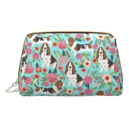Longzehao Kosmetiktasche mit süßem Basset Hound Blumendruck, Leder, Reißverschluss, Kosmetiktasche, Reise-Organizer, Kulturbeutel, Clutch, Weiß, Einheitsgröße, Weiß, weiß, Einheitsgröße von Longzehao