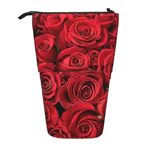 Longzehao Rote rose Druck Teleskop Bleistift Tasche Stifthalter Pop Up Lagerung Fall, Stehen Tragbare Stift Fall, Schwarz, One Size, blacks, One size von Longzehao