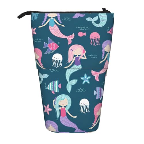 Longzehao Schönes Teleskop-Federmäppchen mit Meerjungfrauen-Druck, Stifthalter, Pop-Up-Aufbewahrungsetui, stehend, tragbares Stifteetui, Schwarz, One Size von Longzehao