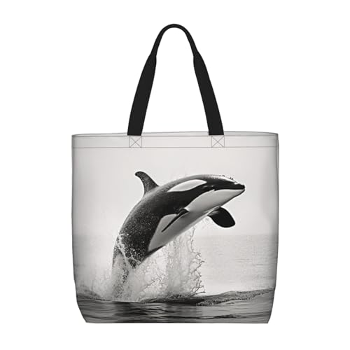 Longzehao Schultertasche mit großem Fassungsvermögen und Reißverschluss, wiederverwendbare Einkaufstasche mit Wal-Aufdruck von Longzehao