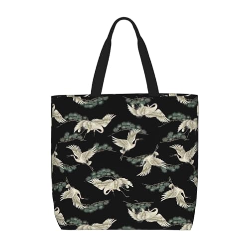 Longzehao Schultertasche mit großem Fassungsvermögen und Reißverschluss, wiederverwendbare Einkaufstasche mit japanischem Kranich- und Kiefernmuster von Longzehao