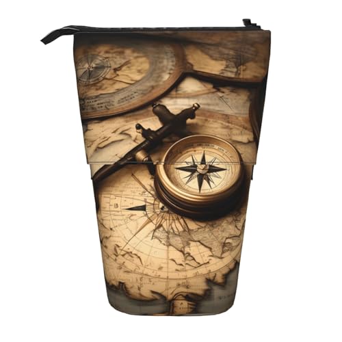 Longzehao Teleskop-Federmäppchen mit Kompass- und Weltkarten-Druck, Stifthalter, Pop-Up-Aufbewahrungsetui, stehendes tragbares Stifteetui von Longzehao