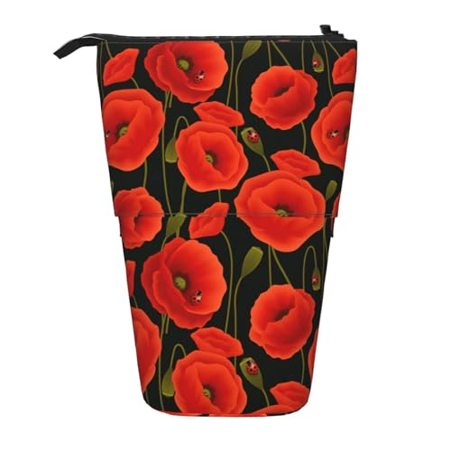 Longzehao Teleskop-Federmäppchen mit Mohnblumen-Aufdruck, Stifthalter, Pop-Up-Aufbewahrungsetui, stehend, tragbares Stifteetui, Schwarz, One Size von Longzehao