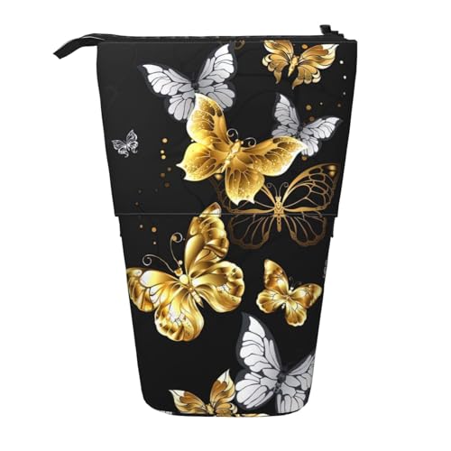 Longzehao Teleskop-Federmäppchen mit goldfarbenen weißen Schmetterlingen, schwarzer Druck, Stifthalter, Pop-Up-Aufbewahrungsetui, stehend, tragbares Stifteetui von Longzehao