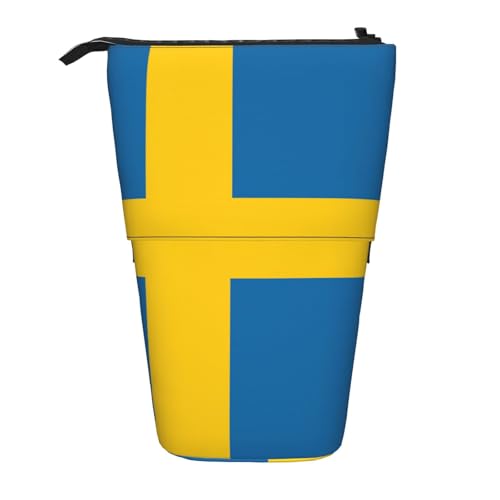 Longzehao Teleskop-Federmäppchen mit schwedischer Flagge, Stifthalter, Pop-Up-Aufbewahrungsetui, stehend, tragbares Stifteetui von Longzehao