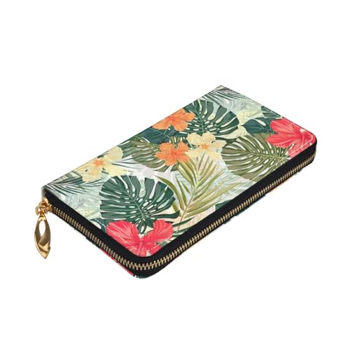 Longzehao Vegetation Leaves with Hibiscus Flowers Print Premium Leather Zip Around Wallet for Men and Women Checkbook Cover RFID Blocking von Longzehao