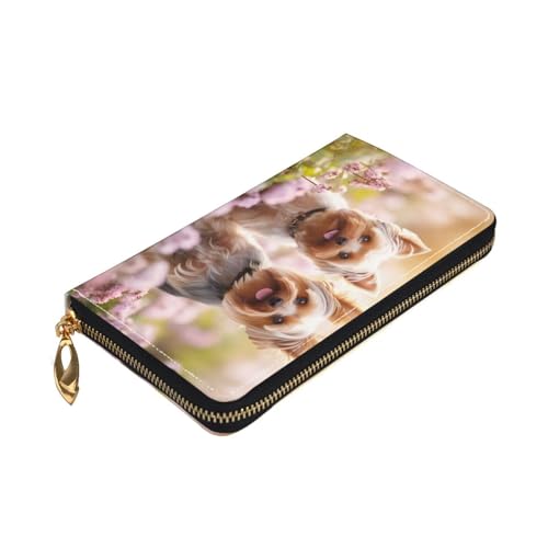 Longzehao Yorkie Floral3 Print Premium Leder Zip Around Wallet für Damen und Herren Scheckbuchhülle RFID Blocking von Longzehao