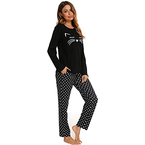 Schlafanzug Damen,Katze Cartoon Gedruckt Pyjama Damen Lang Baumwolle Bequem Stilvoll Nachtwäsche Hausanzug Mit Langarm Loungewear Polka Dot Schlafanzughose (L, schwarz) von Longzhuo