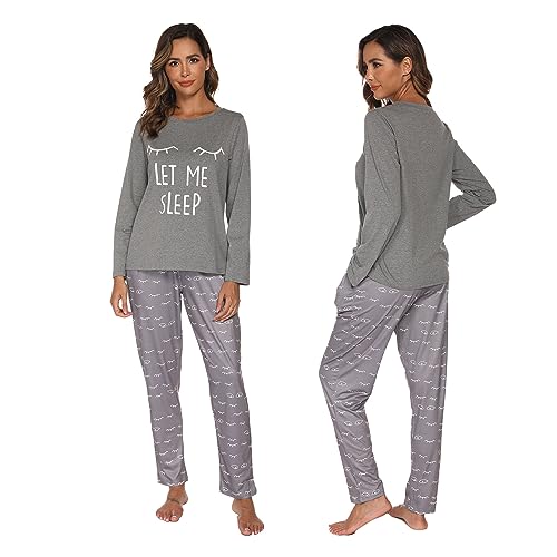 Damen Schlafanzug Baumwolle Schlafanzug, Damen Schlafanzug Set Large-Size S - XXL, Damen Schlafanzug Langarm T-Shirt und Lange Hose Zweiteiliger Schlafanzug (XXL-Grey Eyelashes) von Longzhuo