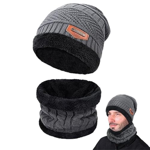 Herren Damen Winter Warm Beanie Mütze Loop Schal Set,2 Stücke Thermo Wintermütze Strickmütze Schlauchschal Halswärmer mit,mütze schal Set Damen Herren (Grau) von Lonnalee