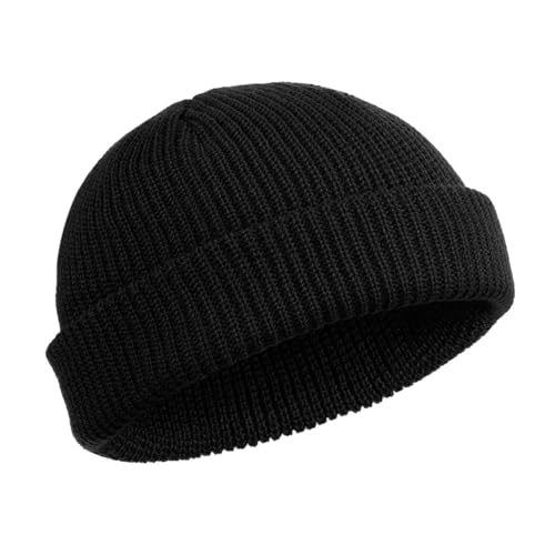 Lonnalee Beanie, Herren Mütze, Baseballmütze, Trawler Watch Cap, Schädelhut mit Revers, Fischermütze, Unisex (Wollgarne, schwarz) von Lonnalee