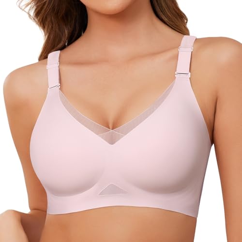 Lonya BH Damen Ohne Bügel Mesh V Ausschnitt Nahtloser Push Up BH Große Brüste Starker Halt Bralette Minimizer T-Shirt Schlaf BH Rosa,L von Lonya
