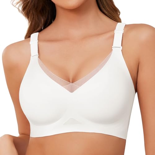 Lonya BH Damen Ohne Bügel Mesh V Ausschnitt Nahtloser Push Up BH Große Brüste Starker Halt Bralette Minimizer T-Shirt Schlaf BH Weiß,M von Lonya