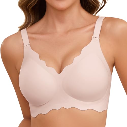 Lonya BH Damen Ohne Bügel Push Up Nahtloser V-Ausschnitt BH Große Brüste Starker Halt Bequem Seamless Bustier Bralette Gewellte Ränder Bra Rosa,L von Lonya