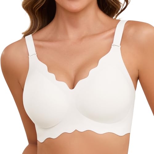 Lonya BH Damen Ohne Bügel Push Up Nahtloser V-Ausschnitt BH Große Brüste Starker Halt Bequem Seamless Bustier Bralette Gewellte Ränder Bra Weiß,M von Lonya