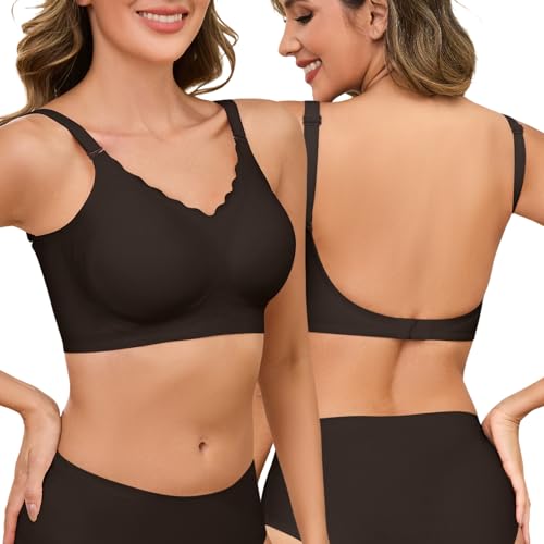 Lonya BH mit Niedrigem Rücken für Frauen, Rückenfreier Nahtloser BH Damen Ohne Bügel, Unsichtbarer V-Ausschnitt Multiway Träger BH Komfort Bralette BH Unterwäsche Abnehmbar Träge, Schwarz, M von Lonya