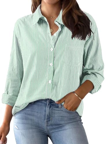 Lonya Bluse Damen Sommer Elegant Shirts Langarm Hemdbluse V-Ausschnitt Gestreifte Blusen Tunika Hemd Oberteile Tops Grün,S von Lonya
