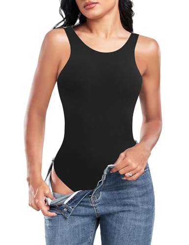 Lonya Body Damen Elegant Sexy Lässiger Doppelt Gefütterter ärmelloser Schlankheits Body mit Rundhalsausschnitt Bodys, Schwarz, L von Lonya