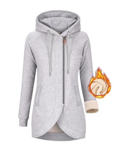 Lonya Damen Kapuzenjacke Zipper Hoodie Sweatjacke Fleecejacke Kapuzenpullover mit Zipper Fleece Gefüttert Jacke Winter Reißverschluss Übergangsjacke Casual Mantel, Hellgrau, L von Lonya