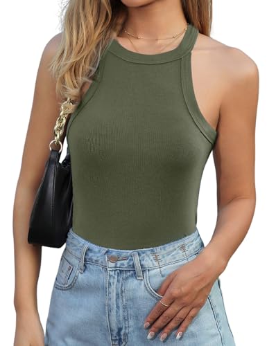 Lonya Damen Tank Top Neckholder Basic Cami Sexy Racerback Rippshirt Ärmellos Oberteile Sommer Rundhals Shirts Slim Fit Blusen, Grün, S von Lonya