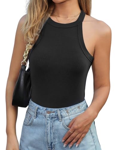 Lonya Damen Tank Top Neckholder Basic Cami Sexy Racerback Rippshirt Ärmellos Oberteile Sommer Rundhals Shirts Slim Fit Blusen, Schwarz, M von Lonya