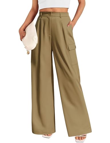 Lonya Damen Weite Hose Palazzo Hose Sommer Elegant Stoffhose Hohe Taille Anzughose Leicht Cargohose Baggy Bundfaltenhose mit Taschen, Khaki, L von Lonya