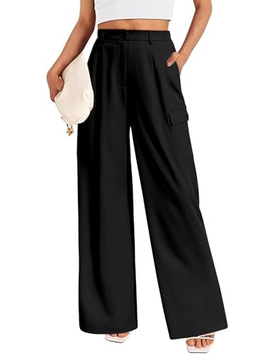 Lonya Damen Weite Hose Palazzo Hose Sommer Elegant Stoffhose Hohe Taille Anzughose Leicht Cargohose Baggy Bundfaltenhose mit Taschen, Schwarz, L von Lonya