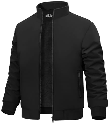 Lonya Herrenjacke Fleece Winter Winddichte Bomberjacke durchgehender Reißverschluss Übergangsjacke Fliegerjacke Herbst Warm Gepolsterte Stehkragen Mäntel Jacken, Schwarz, XL von Lonya