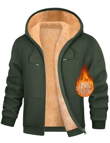 Lonya Kapuzenjacke Herren Fleece Hoodie Reißverschluss Sweatjacke Einfarbig Sweatshirt Pulli Kapuzenpullover Armeegrün,L von Lonya
