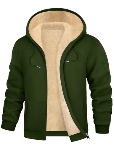 Lonya Kapuzenjacke Herren Fleece Hoodie Reißverschluss Sweatjacke Einfarbig Sweatshirt Pulli Kapuzenpullover Armeegrün,M von Lonya