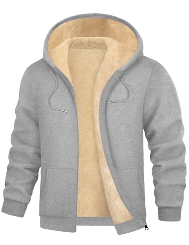 Lonya Kapuzenjacke Herren Fleece Hoodie Reißverschluss Sweatjacke Einfarbig Sweatshirt Pulli Kapuzenpullover Hellgrau,L von Lonya