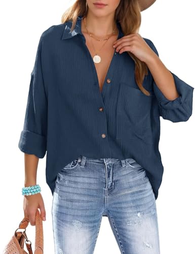 Lonya Musselin Bluse Damen Elegant V-Ausschnitt Baumwolle Musselin Hemden Langarm Longbluse Casual Button Down Oberteile Blusenshirt Hemdbluse Tuniken Einfarbig Tops, Marineblau, XXL von Lonya
