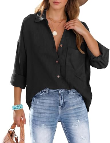 Lonya Musselin Bluse Damen Elegant V-Ausschnitt Baumwolle Musselin Hemden Langarm Longbluse Casual Button Down Oberteile Blusenshirt Hemdbluse Tuniken Einfarbig Tops, Schwarz, L von Lonya