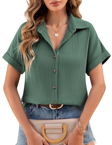 Lonya Musselin Bluse Damen Sommer Leinenbluse V-Ausschnitt Hemdbluse Elegante Oberteile Kurzarm 100% Baumwolle Button-Down Revers Kragen Blusen Tunika Shirt, Grün, L von Lonya