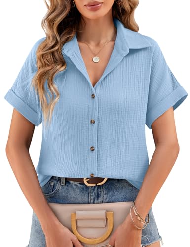 Lonya Musselin Bluse Damen Sommer Leinenbluse V-Ausschnitt Hemdbluse Elegante Oberteile Kurzarm 100% Baumwolle Button-Down Revers Kragen Blusen Tunika Shirt, Hellblau, S von Lonya