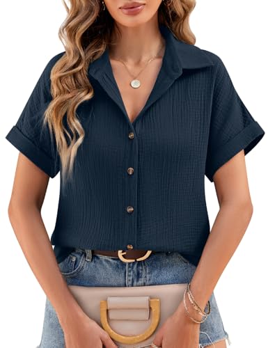 Lonya Musselin Bluse Damen Sommer Leinenbluse V-Ausschnitt Hemdbluse Elegante Oberteile Kurzarm 100% Baumwolle Button-Down Revers Kragen Blusen Tunika Shirt, Marineblau, S von Lonya
