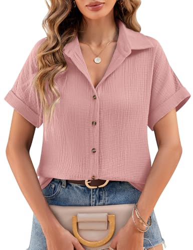 Lonya Musselin Bluse Damen Sommer Leinenbluse V-Ausschnitt Hemdbluse Elegante Oberteile Kurzarm 100% Baumwolle Button-Down Revers Kragen Blusen Tunika Shirt, Rosa, L von Lonya
