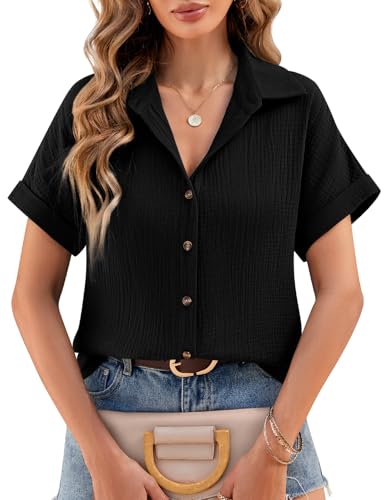Lonya Musselin Bluse Damen Sommer Leinenbluse V-Ausschnitt Hemdbluse Elegante Oberteile Kurzarm 100% Baumwolle Button-Down Revers Kragen Blusen Tunika Shirt, Schwarz, M von Lonya