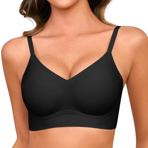 Lonya Nahtloser BH Damen Ohne Bügel Minimizer Push Up Bequemer V Ausschnitt Soft Bügelloser Weicher Bustier Bralette T Shirt Schlaf BH Gepolstert Seamless Bra, Schwarz, M von Lonya