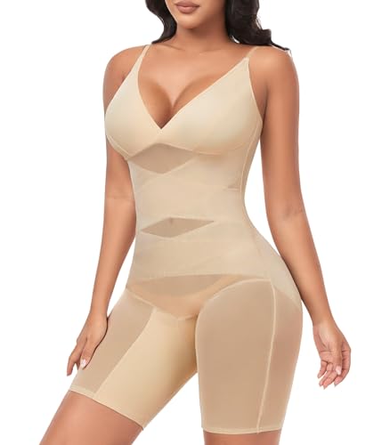 Lonya Shapewear Damen Sommer Formende Body Shaper Shorts Kontrolle des Bauches Masche Bodysuit mit Verstellbare Träger und BH-Einlagen Beige，M von Lonya